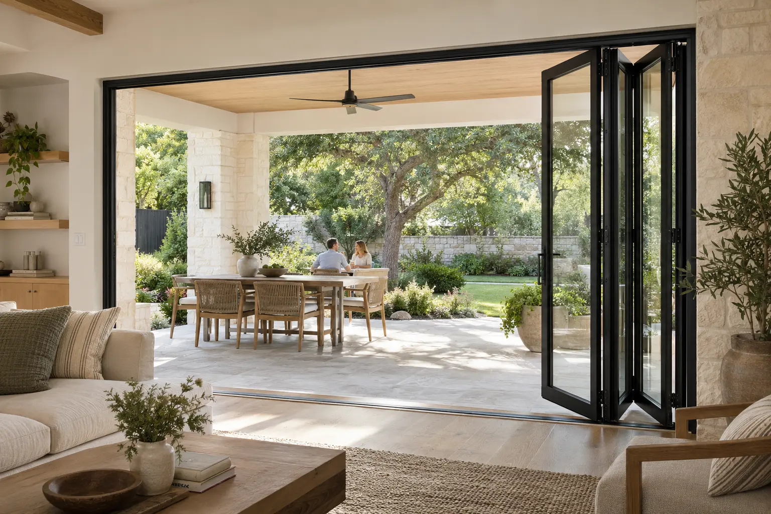 Covered patio with an open four-panel black aluminum bifold door