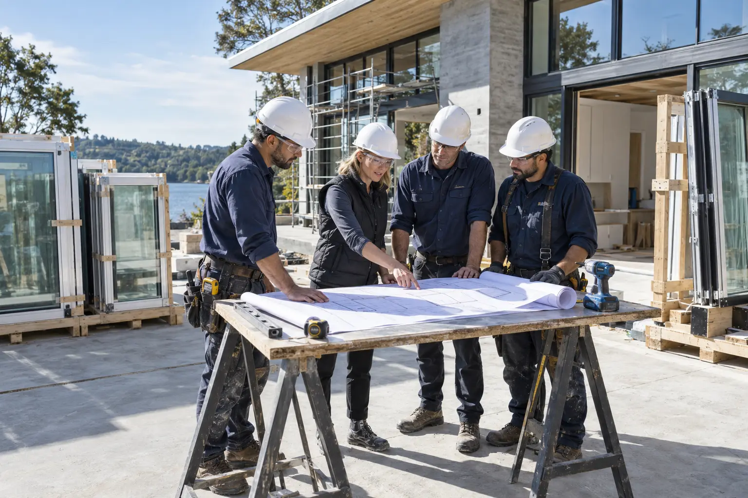 Contractor team reviewing window and door plans