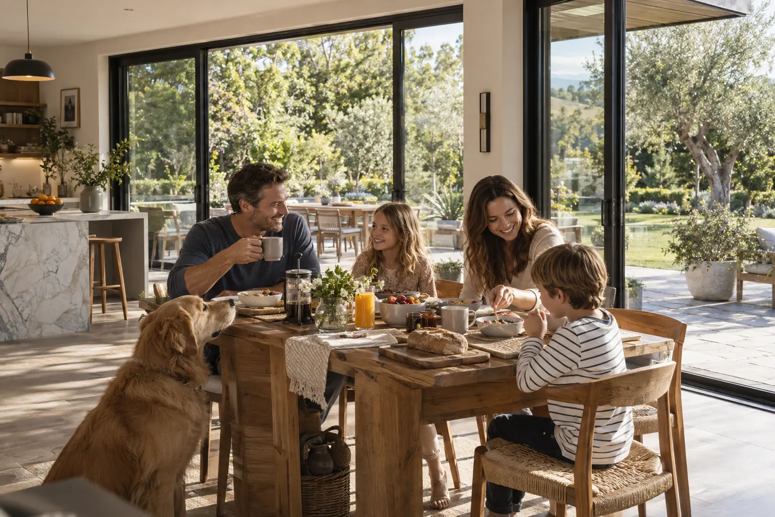 Family and golden retriever enjoying breakfast beside black sliding glass doors