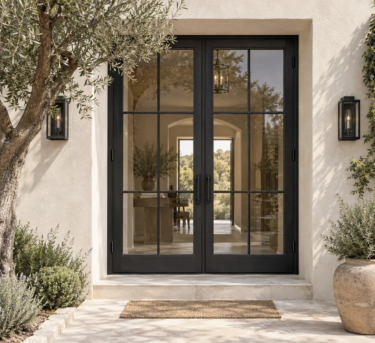 Black iron and glass double entry at a modern home