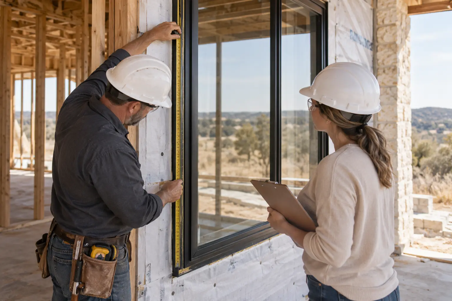 A builder and homeowner reviewing measurements beside a black aluminum window