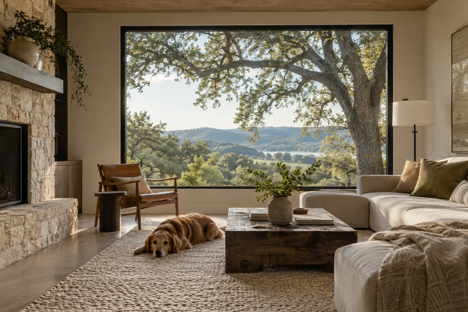 A living room and resting dog beside a black picture window overlooking oak trees