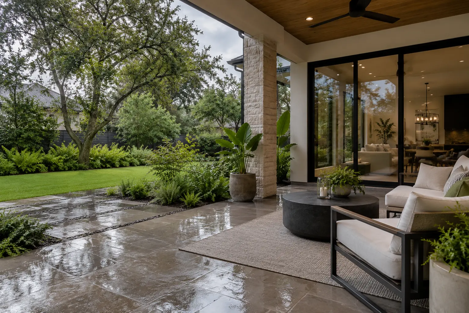 A covered patio with black sliding doors and wet paving after rain