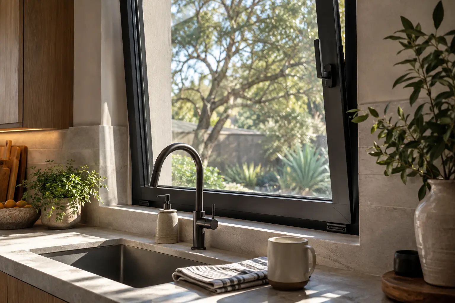 A black tilt-and-turn kitchen window tilted inward at the top