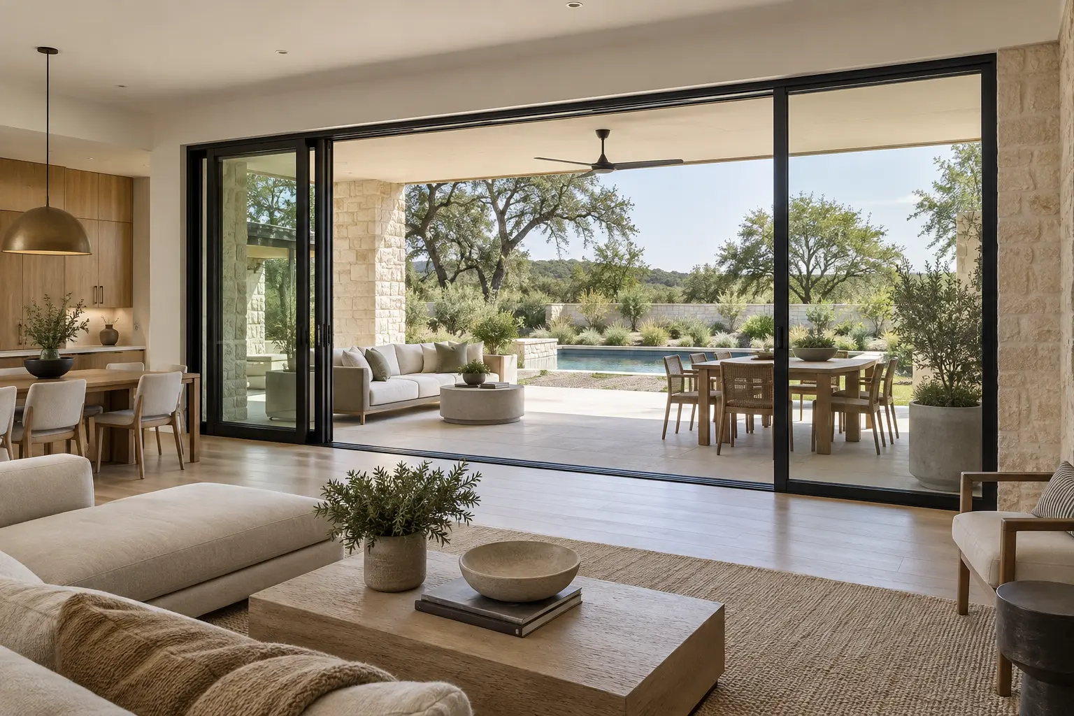 Austin living room opening to a terrace through a black three-panel multi-slide system