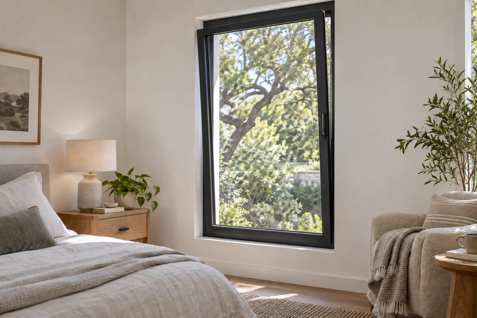 Austin bedroom with a black tilt-and-turn window tilted inward at the top